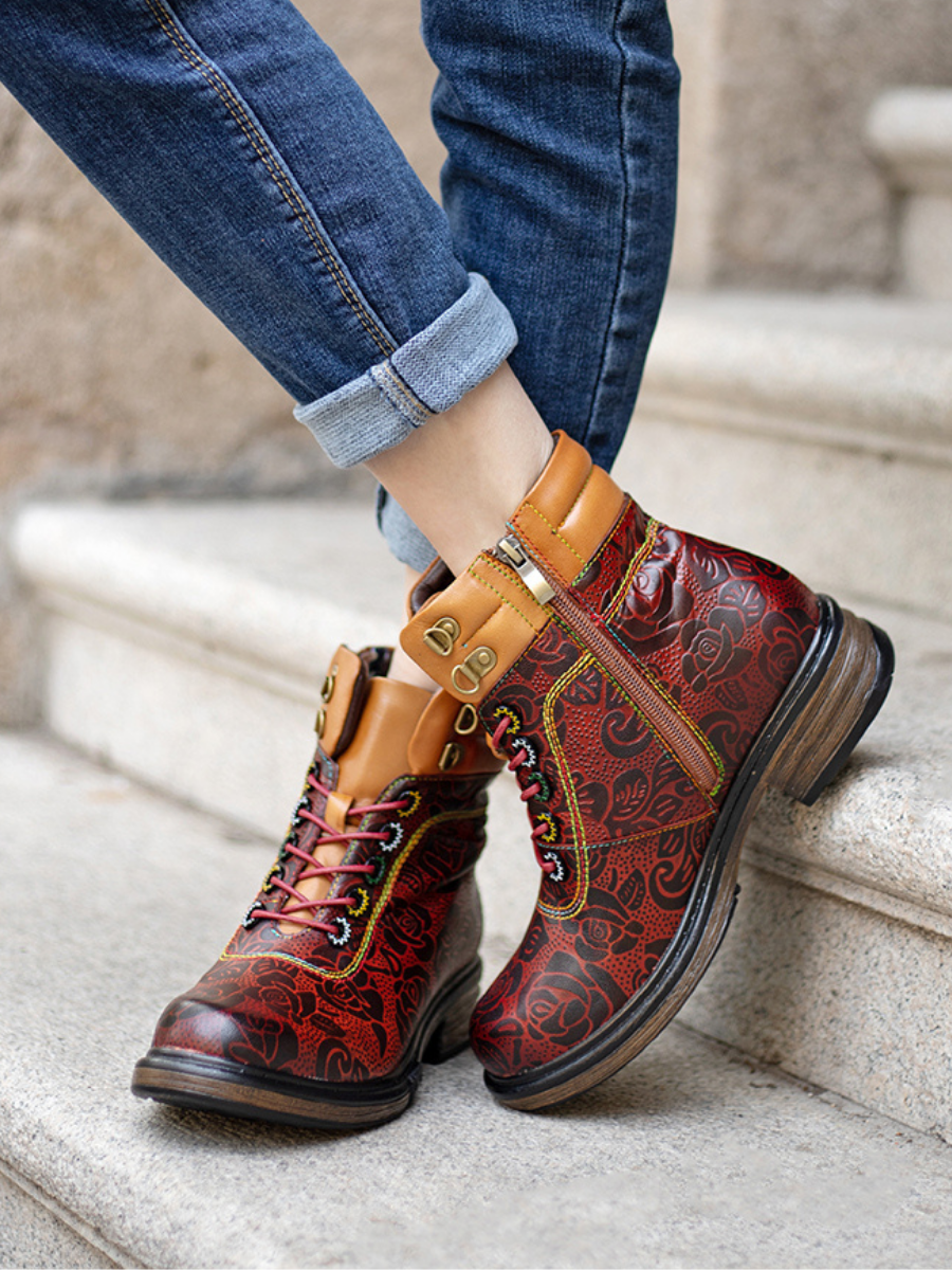 SOFFIA | Genuine Leather Rose Leaf Printed Lace Up Combat Boots