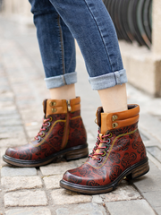 SOFFIA | Genuine Leather Rose Leaf Printed Lace Up Combat Boots