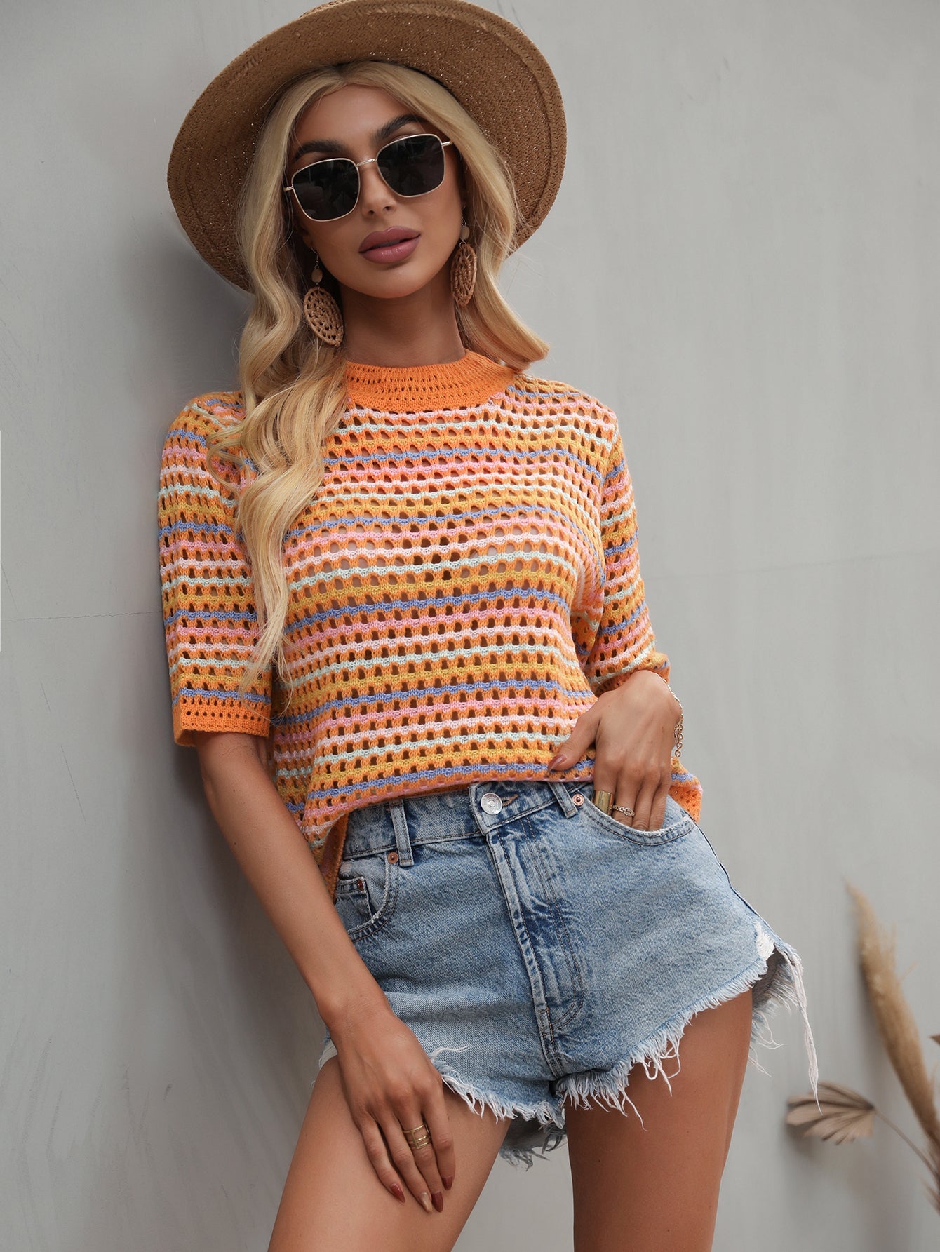 BEE CROCHET KNIT TOP - ORANGE STRIP