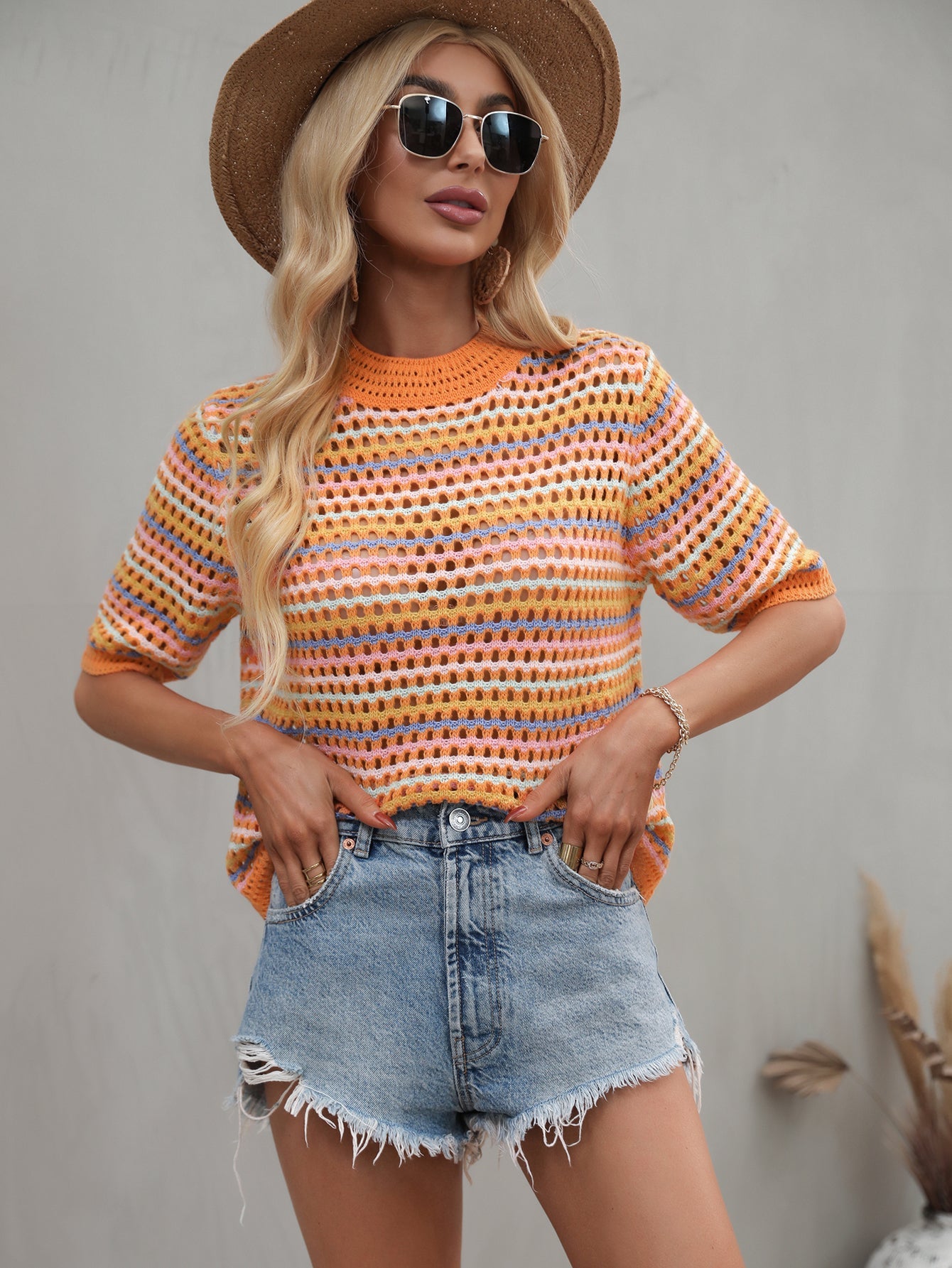 BEE CROCHET KNIT TOP - ORANGE STRIP