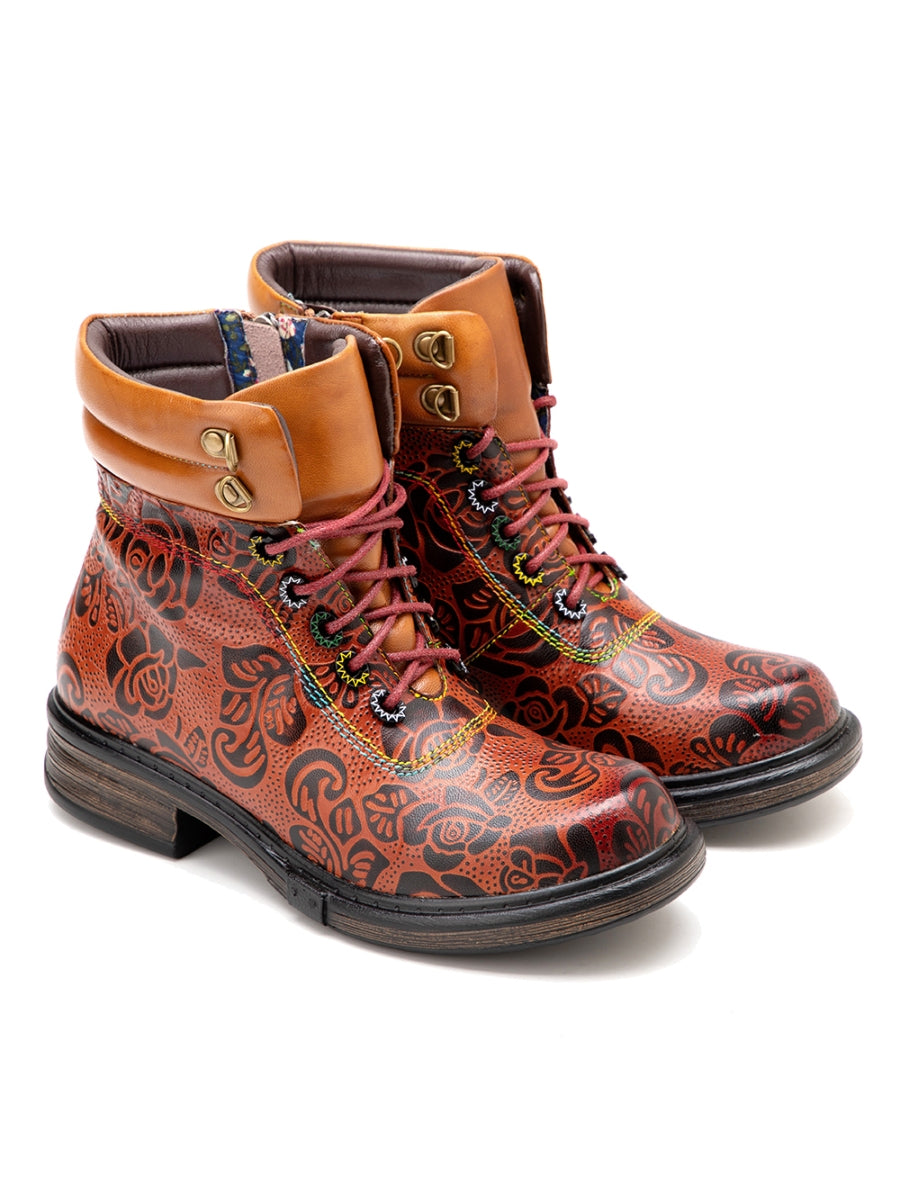 SOFFIA | Genuine Leather Rose Leaf Printed Lace Up Combat Boots