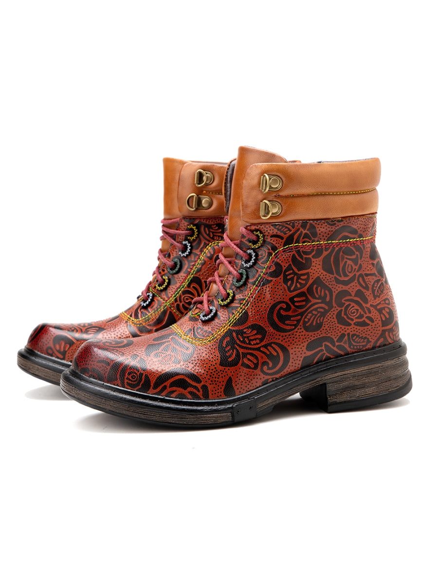 SOFFIA | Genuine Leather Rose Leaf Printed Lace Up Combat Boots