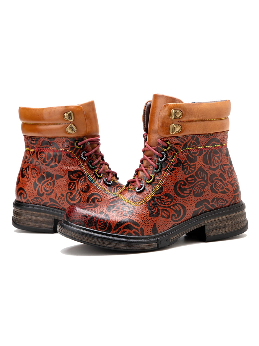 SOFFIA | Genuine Leather Rose Leaf Printed Lace Up Combat Boots