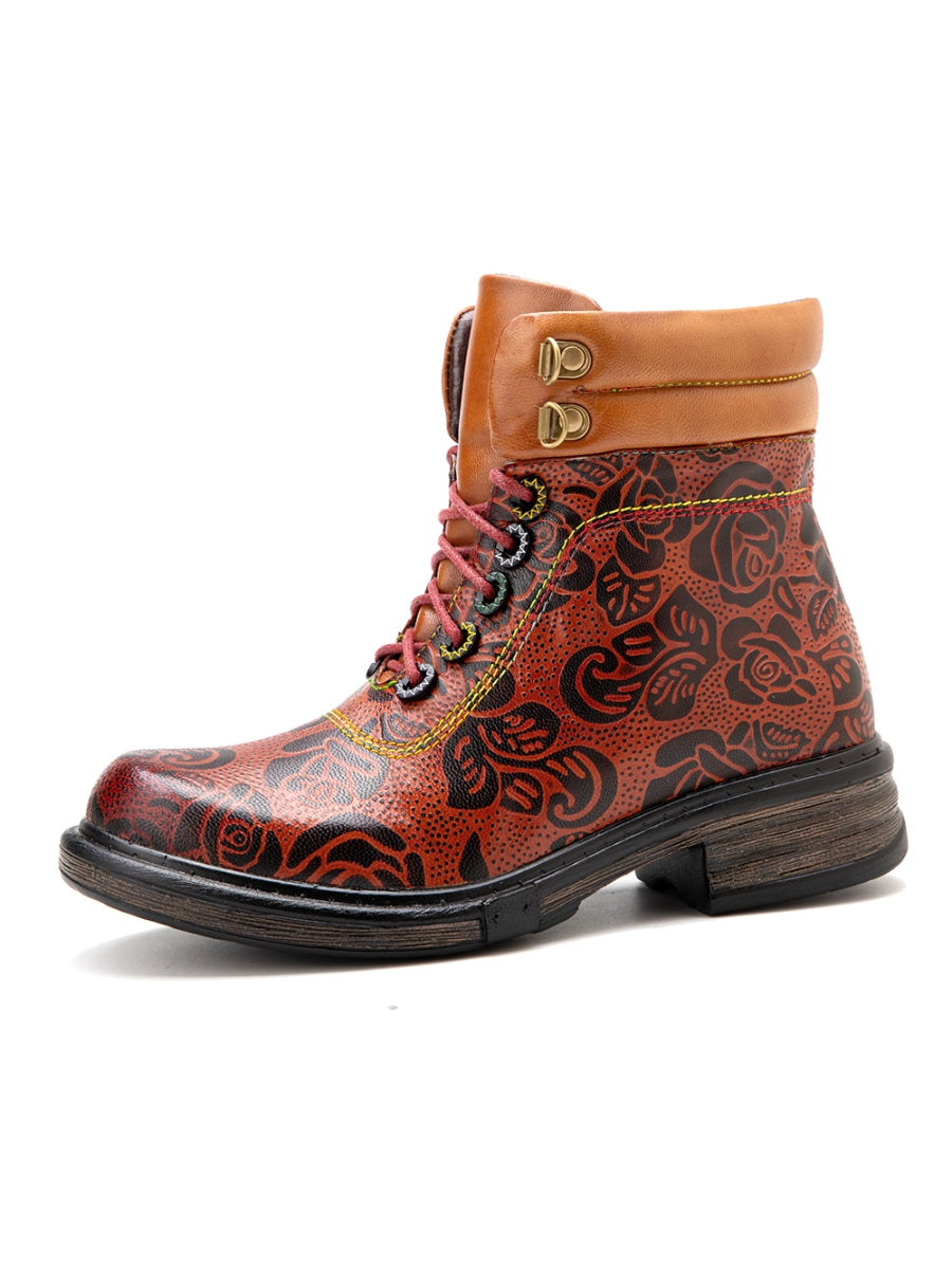 SOFFIA | Genuine Leather Rose Leaf Printed Lace Up Combat Boots