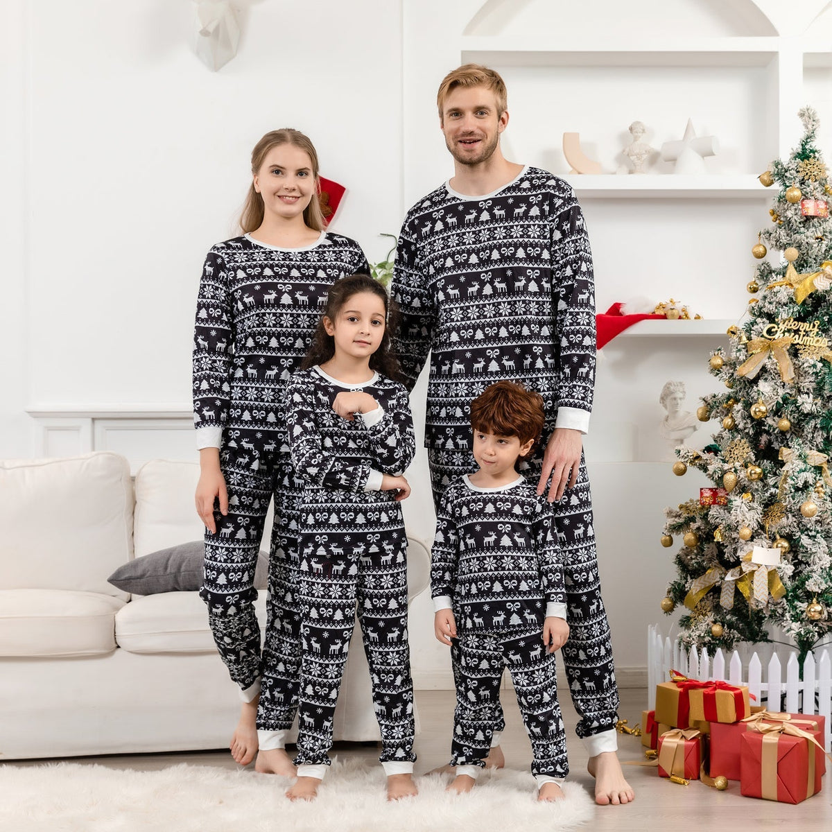 Christmas Black-White Print Family Matching Pajamas Set