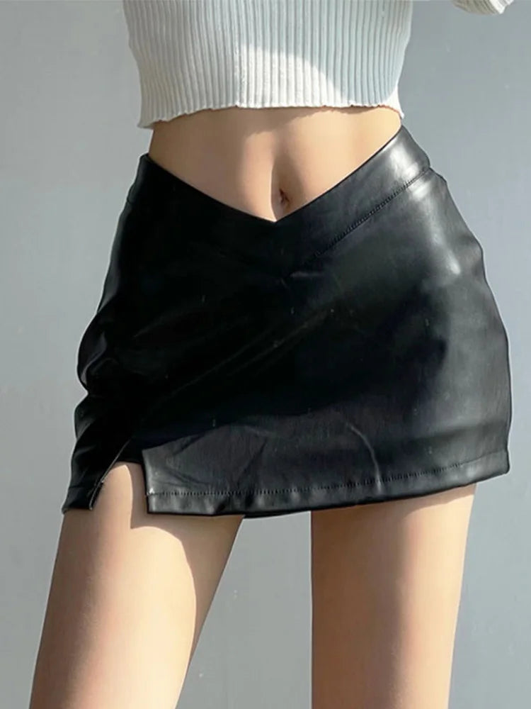 PU Leather Short Skirt Women Black Sexy Split Slim High Waisted A-line Mini Skirts Female Shorts Vintage Harajuku Streetwear