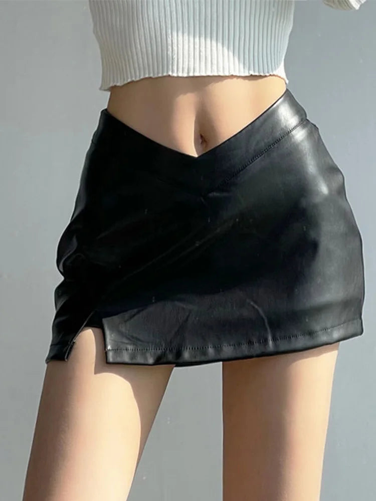 PU Leather Short Skirt Women Black Sexy Split Slim High Waisted A-line Mini Skirts Female Shorts Vintage Harajuku Streetwear