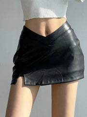 PU Leather Short Skirt Women Black Sexy Split Slim High Waisted A-line Mini Skirts Female Shorts Vintage Harajuku Streetwear