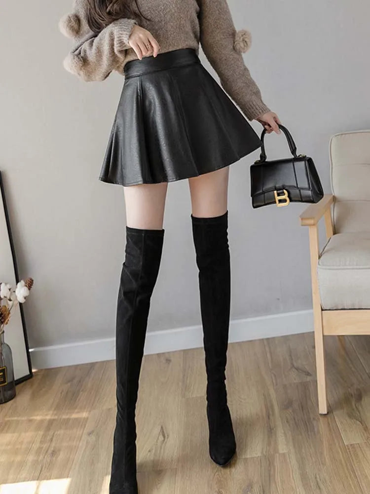 PU Pleated Skirt Autumn Women Solid Color Leather Winter Skirts Womens Slim High Waist Saia Faldas Chic Zipper Mini Skirt