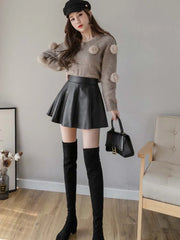 PU Pleated Skirt Autumn Women Solid Color Leather Winter Skirts Womens Slim High Waist Saia Faldas Chic Zipper Mini Skirt