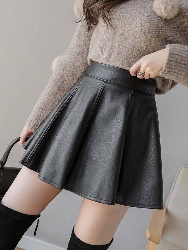 PU Pleated Skirt Autumn Women Solid Color Leather Winter Skirts Womens Slim High Waist Saia Faldas Chic Zipper Mini Skirt