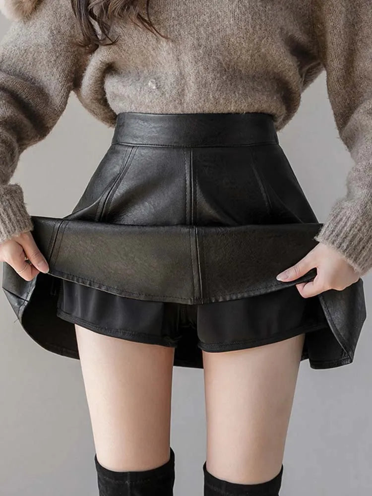 PU Pleated Skirt Autumn Women Solid Color Leather Winter Skirts Womens Slim High Waist Saia Faldas Chic Zipper Mini Skirt