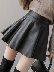 PU Pleated Skirt Autumn Women Solid Color Leather Winter Skirts Womens Slim High Waist Saia Faldas Chic Zipper Mini Skirt