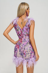 Pamela Purple Feather Sequin Mini Dress