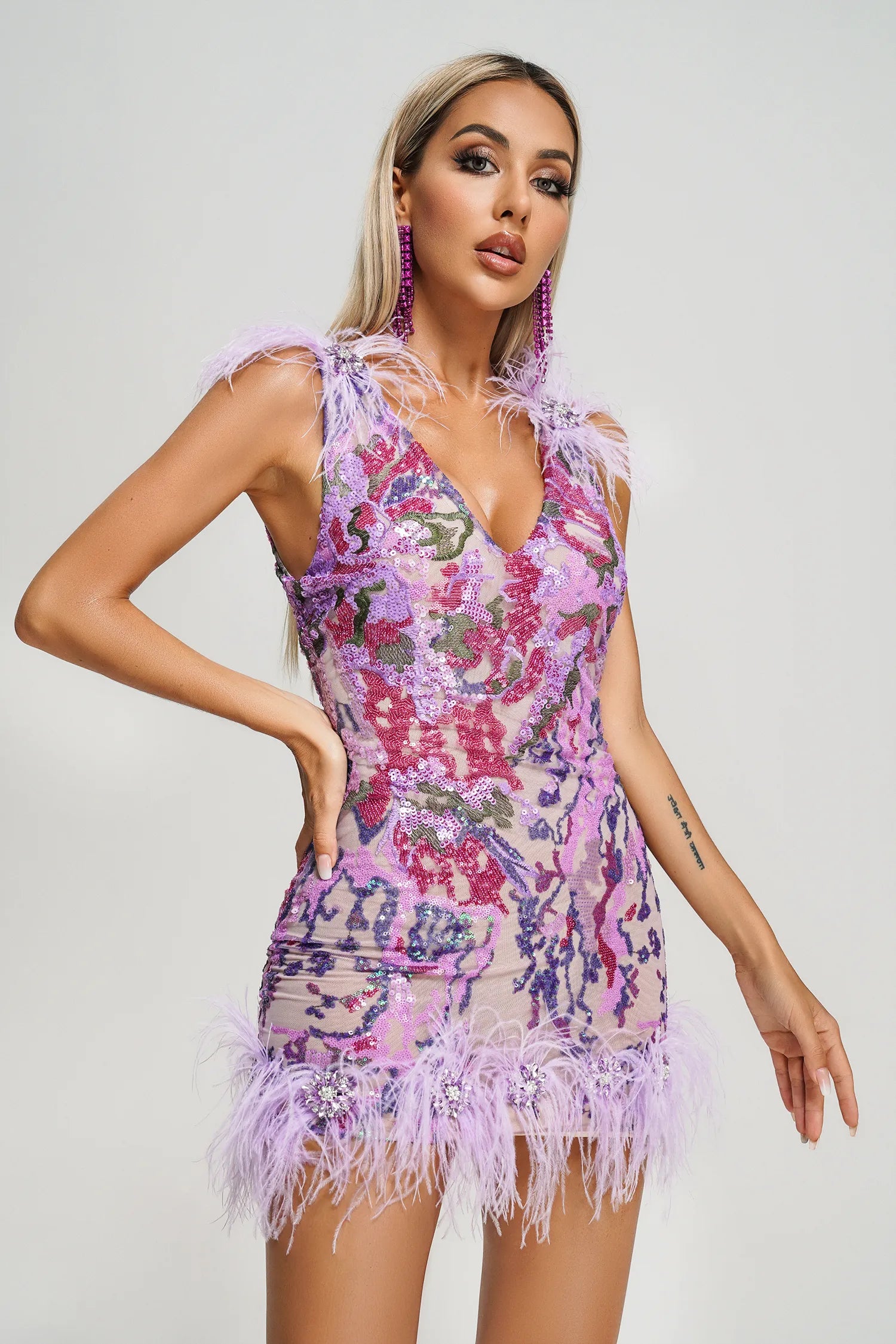 Pamela Purple Feather Sequin Mini Dress