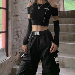 Patchwork Black T-shirts Gothic One Shoulder Sleeve Crop Tops Ruffles Hem Hip Hop Techwear Women Tees