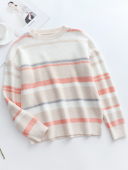 Smaibulun | Peach Grey Stripe Crew Neck Knit Top