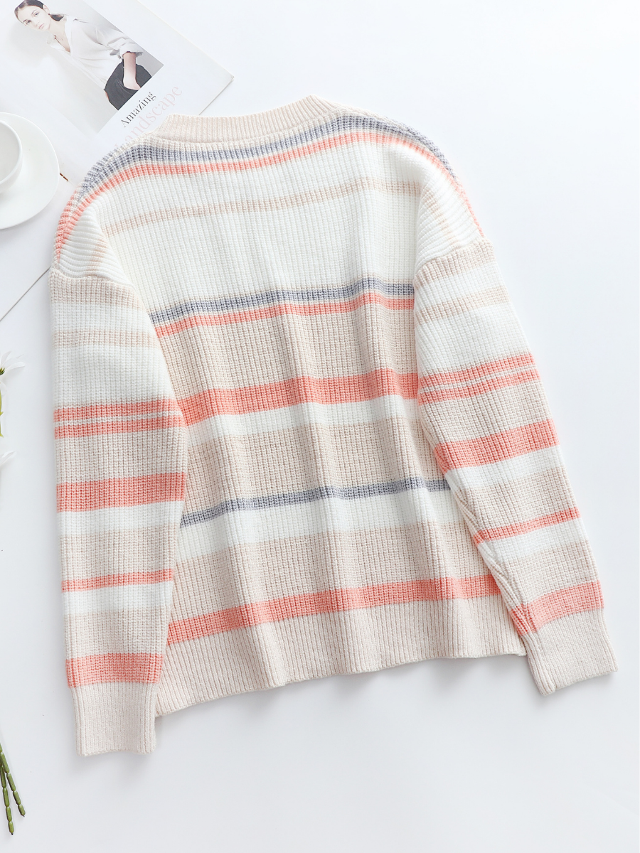 Smaibulun | Peach Grey Stripe Crew Neck Knit Top