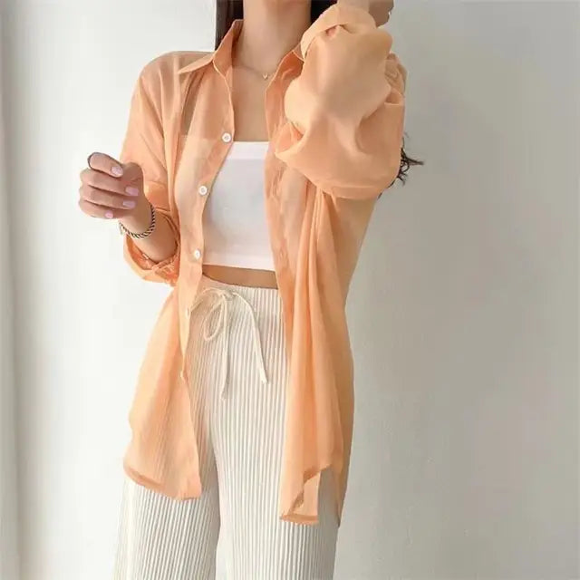 Perspective Shirts Women Sheer Thin Chic Summer Simple Solid Sun-proof Top Fashion Blouse Baggy All-match Basic Korean Clothing