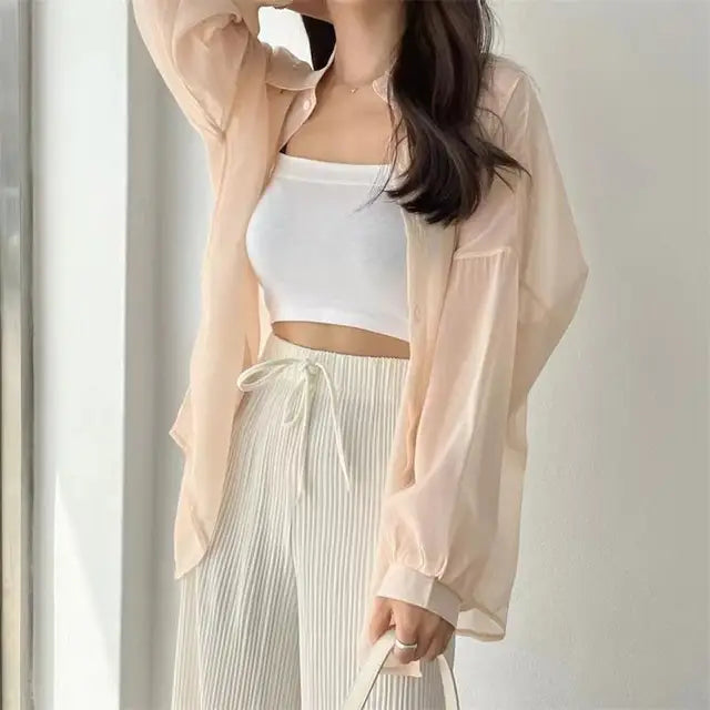 Perspective Shirts Women Sheer Thin Chic Summer Simple Solid Sun-proof Top Fashion Blouse Baggy All-match Basic Korean Clothing