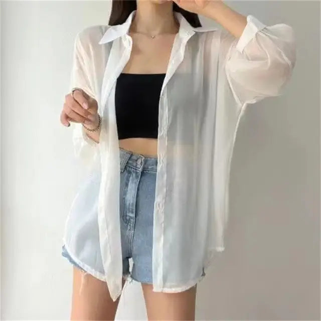 Perspective Shirts Women Sheer Thin Chic Summer Simple Solid Sun-proof Top Fashion Blouse Baggy All-match Basic Korean Clothing