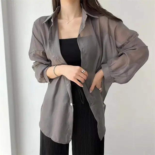 Perspective Shirts Women Sheer Thin Chic Summer Simple Solid Sun-proof Top Fashion Blouse Baggy All-match Basic Korean Clothing