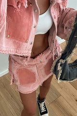 Pink Contrast Distressed Denim Crop Top Skirt Suits