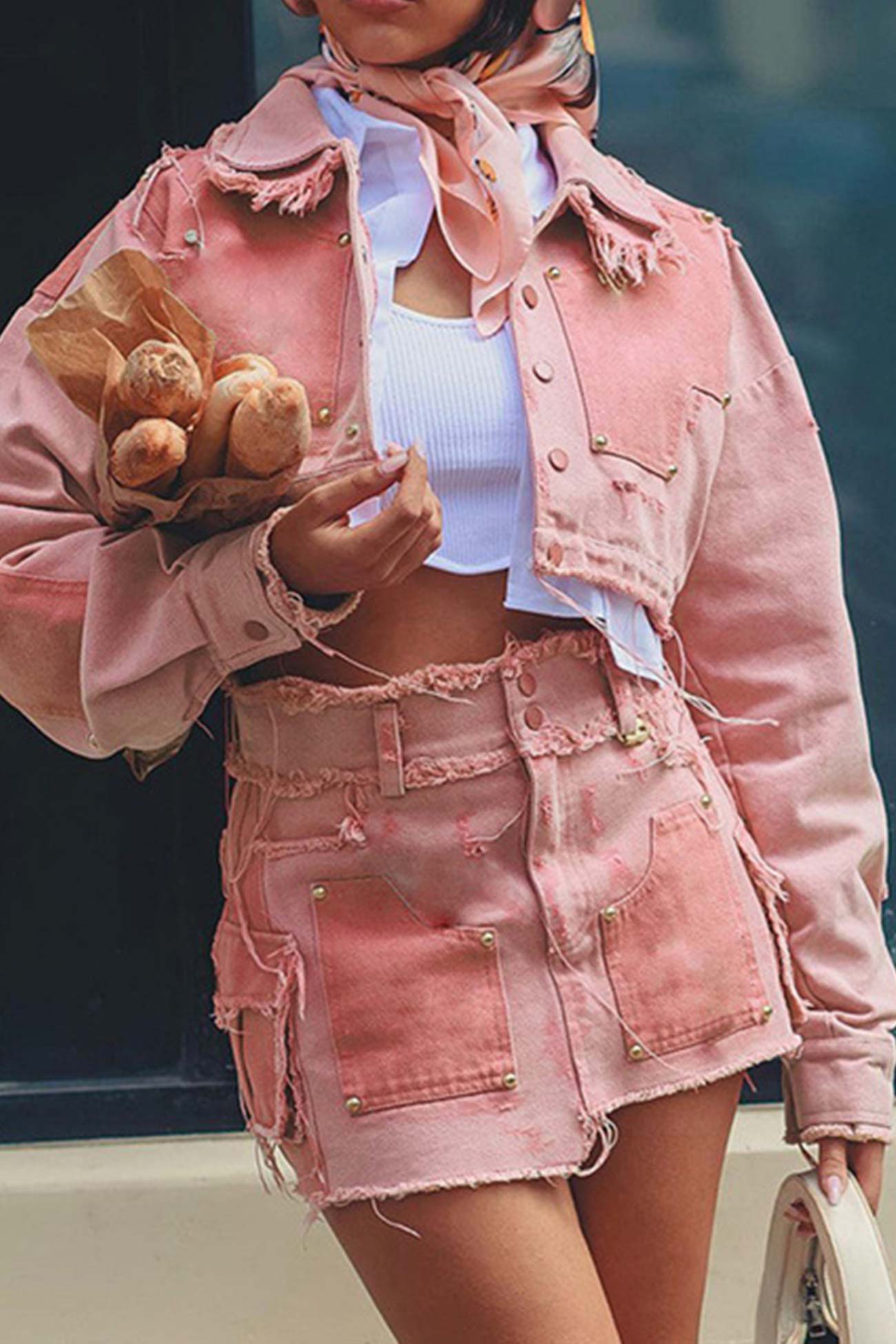 Pink Contrast Distressed Denim Crop Top Skirt Suits