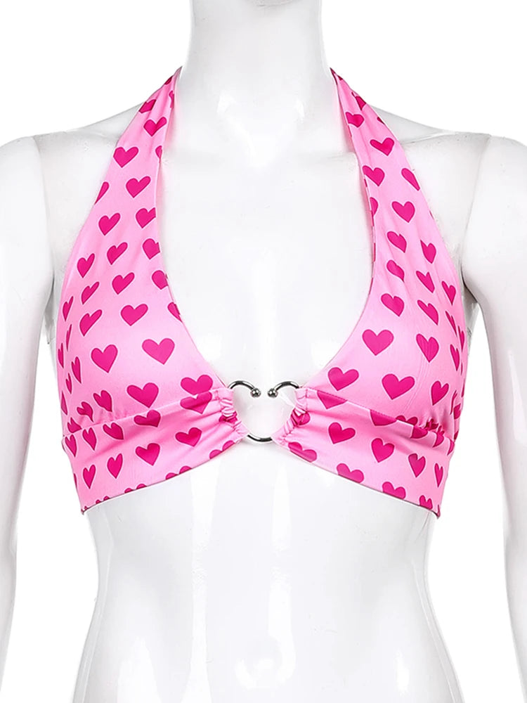 Pink Heart Print Cute Bustier Crop Top Women Aesthetic Kawaii Clothes Sleeveless Backless Lace Up Bralette Camisole