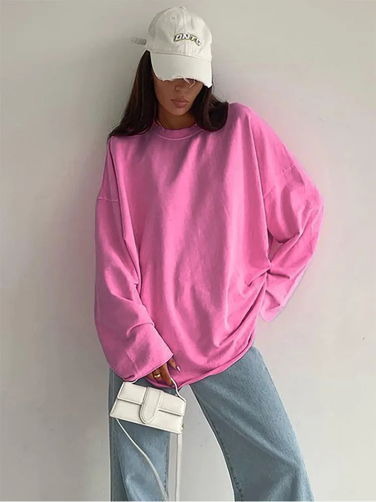 Pink Tee Shirts Streetwear 2024 Round Neck Long Sleeve Casual Pullover Tops Women Autumn Thin T-Shirts Lady