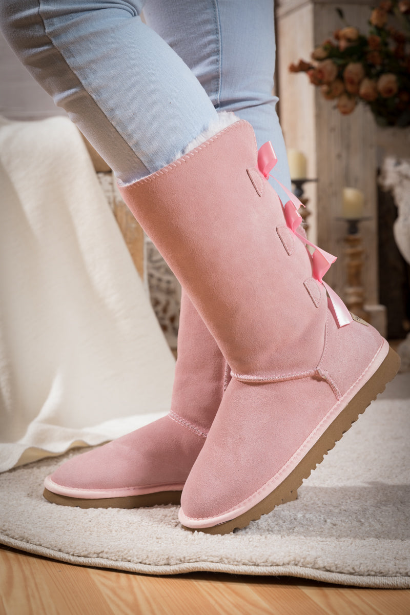 SMAIBULUN Ugg | Tri Ribbon Bow Suede Boots - Pink