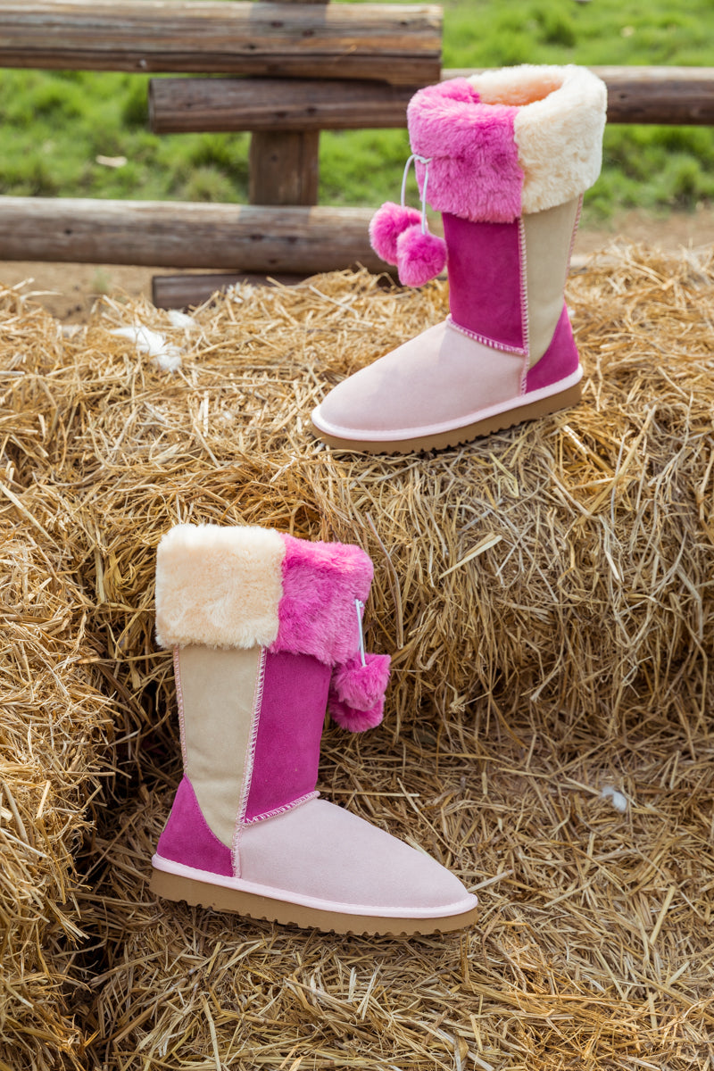 SMAIBULUN Ugg | FRINGE BALL COLOR CONTRAST SUEDE BOOTS - PINK