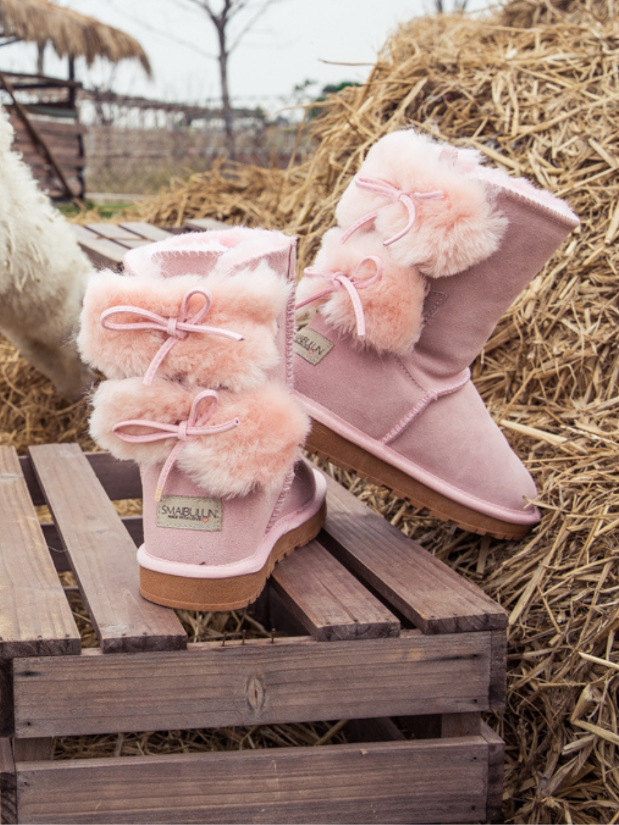 SMAIBULUN Ugg | Back Woollen Bow Suede Boots - Pink