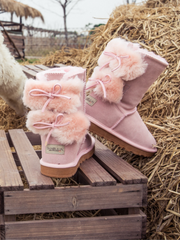 SMAIBULUN Ugg | Back Woollen Bow Suede Boots - Pink