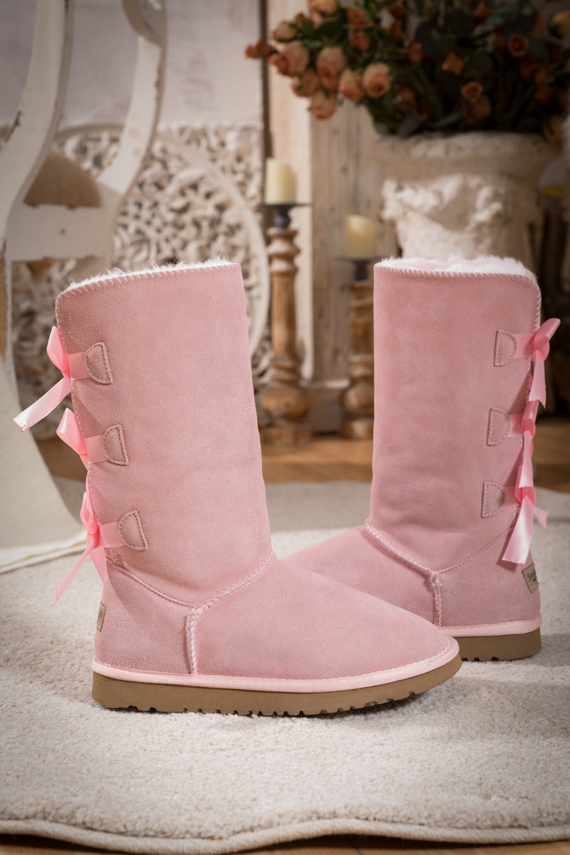 SMAIBULUN Ugg | Tri Ribbon Bow Suede Boots - Pink