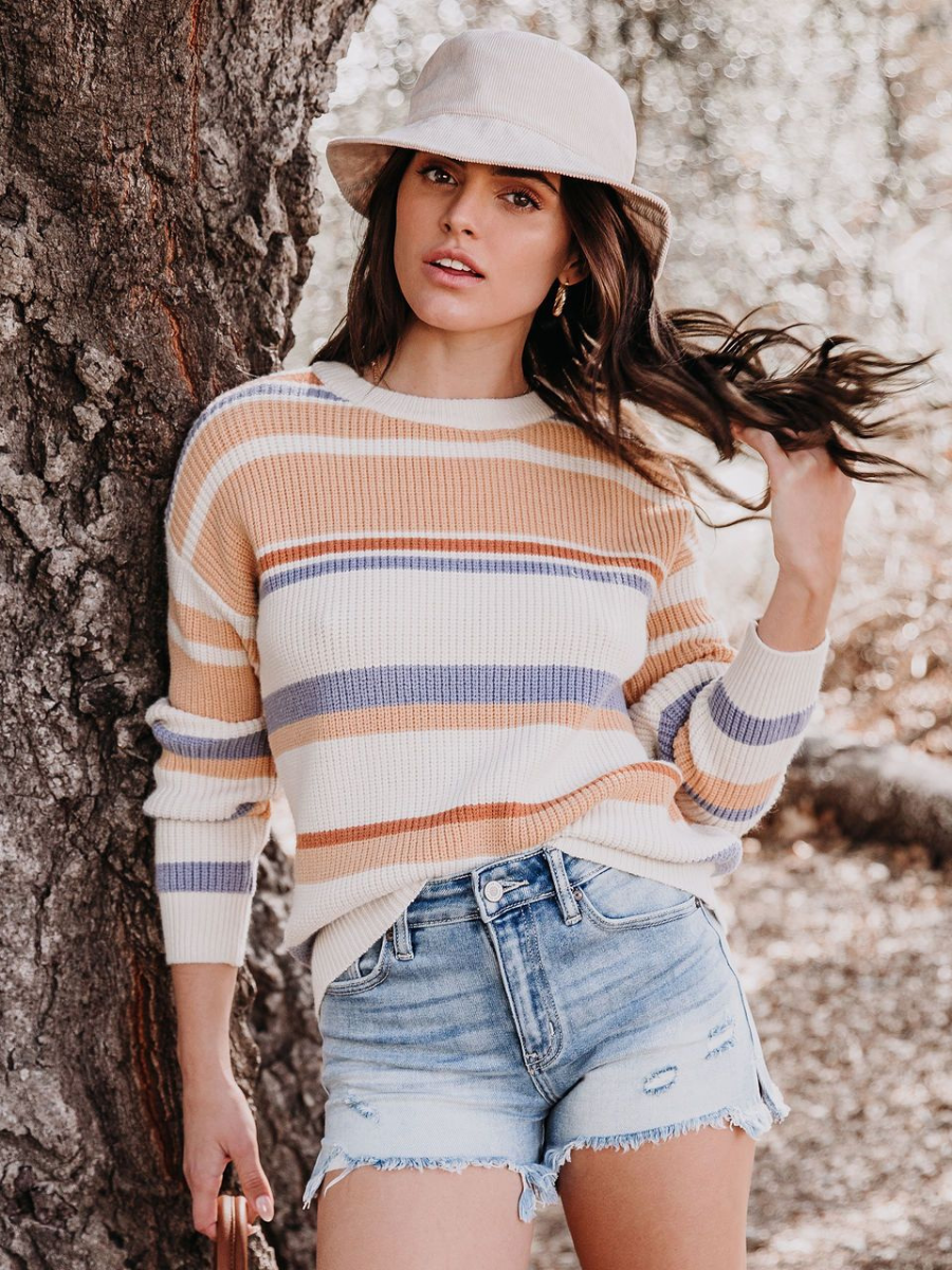 Smaibulun | Pink Mauve Stripe Crew Neck Knit Top