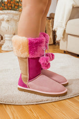 SMAIBULUN Ugg | FRINGE BALL COLOR CONTRAST SUEDE BOOTS - PINK