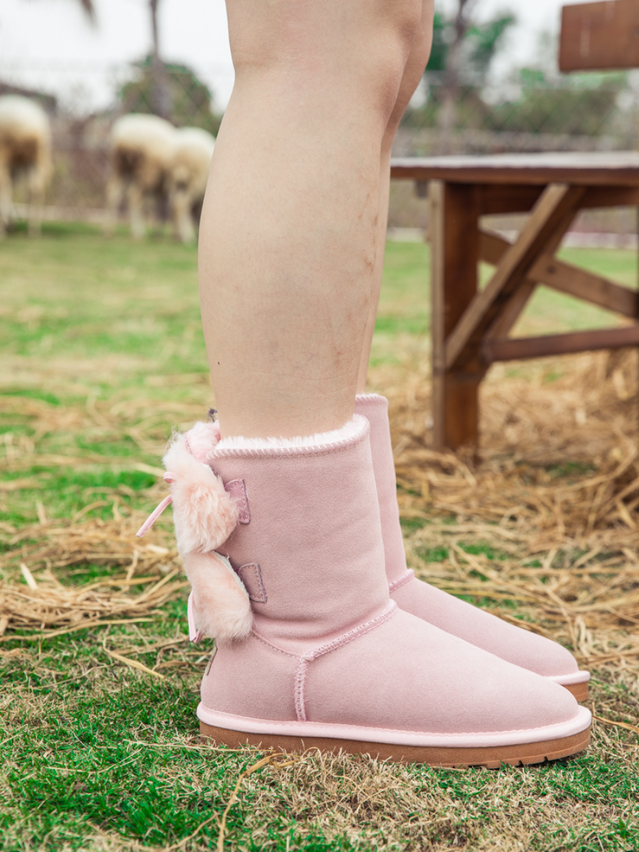 SMAIBULUN Ugg | Back Woollen Bow Suede Boots - Pink