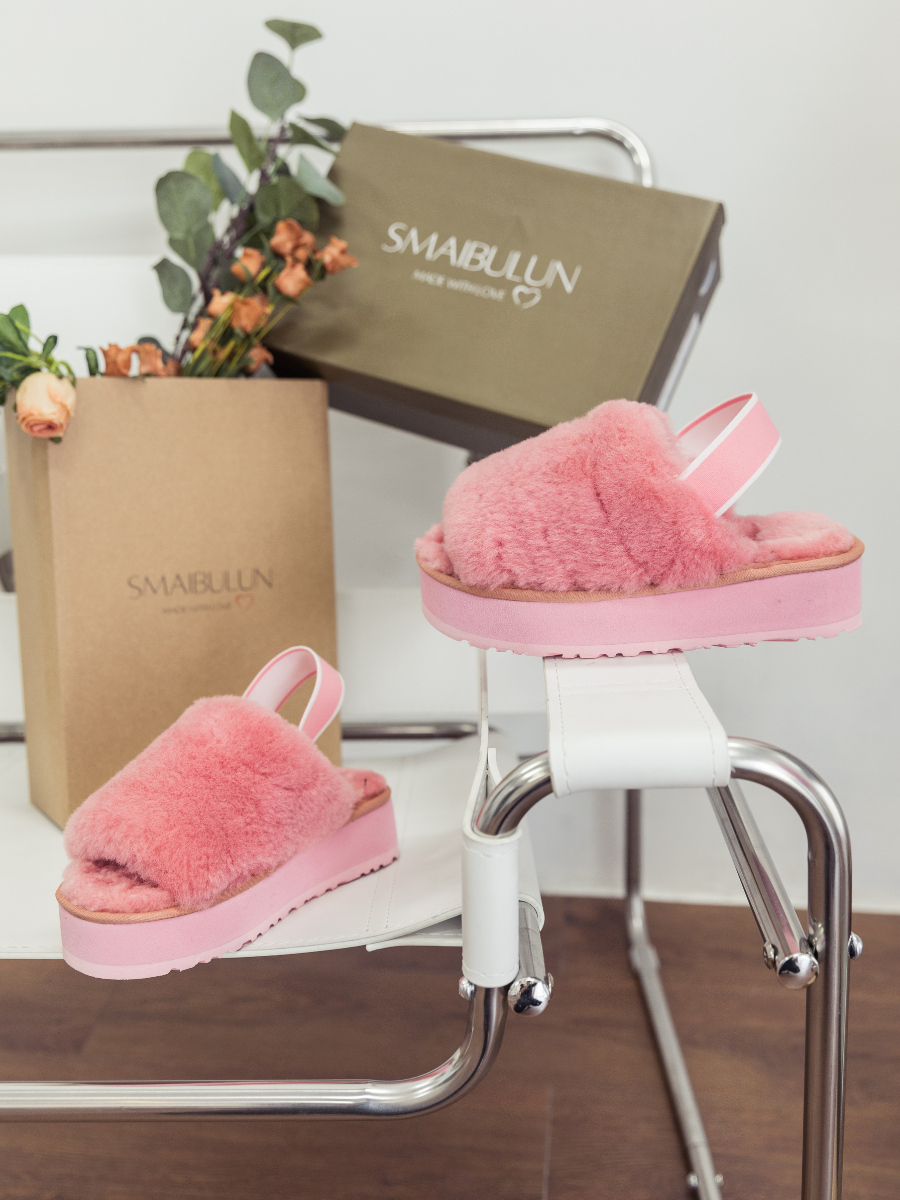 SMAIBULUN Ugg | Soft Woolen Fluffy Disco Sandal Slipper - Pink