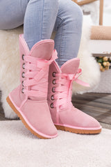 SMAIBULUN Ugg | Ribbon Lace-Up Faux Fur-lined Suede Boot - Pink