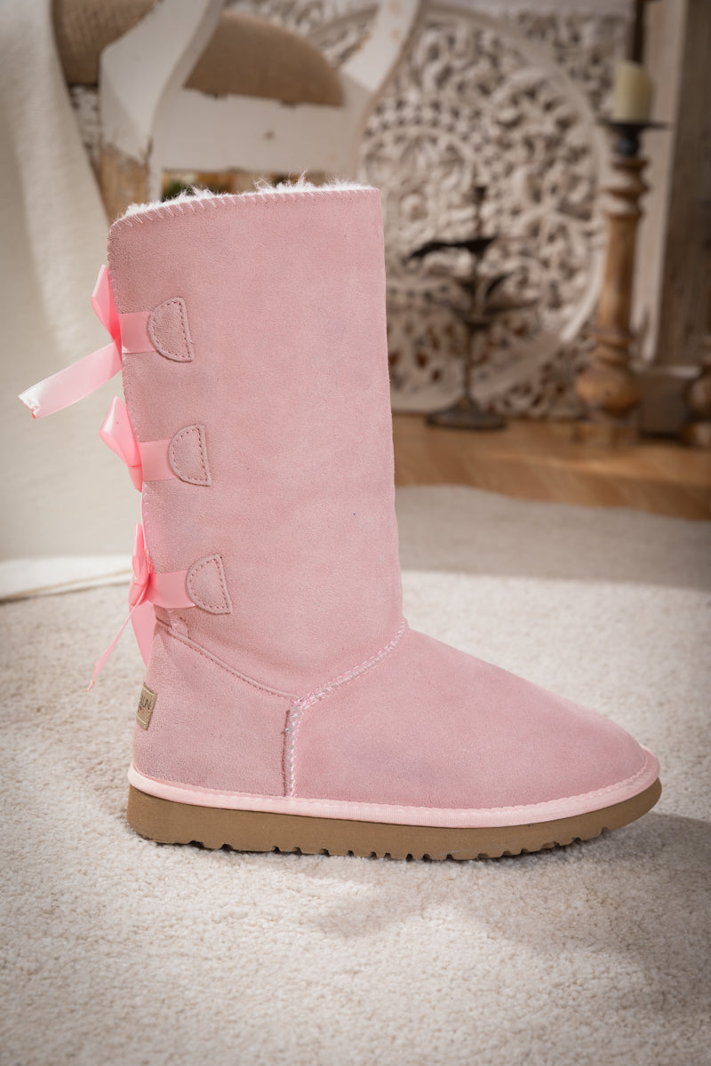 SMAIBULUN Ugg | Tri Ribbon Bow Suede Boots - Pink