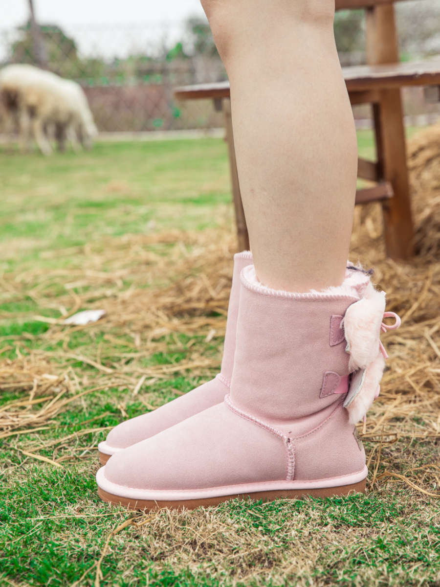 SMAIBULUN Ugg | Back Woollen Bow Suede Boots - Pink