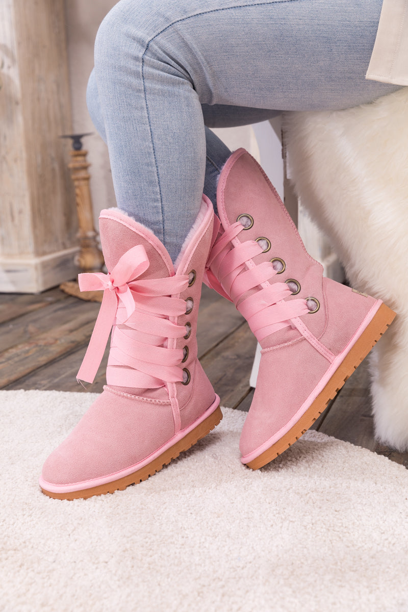 SMAIBULUN Ugg | Ribbon Lace-Up Faux Fur-lined Suede Boot - Pink