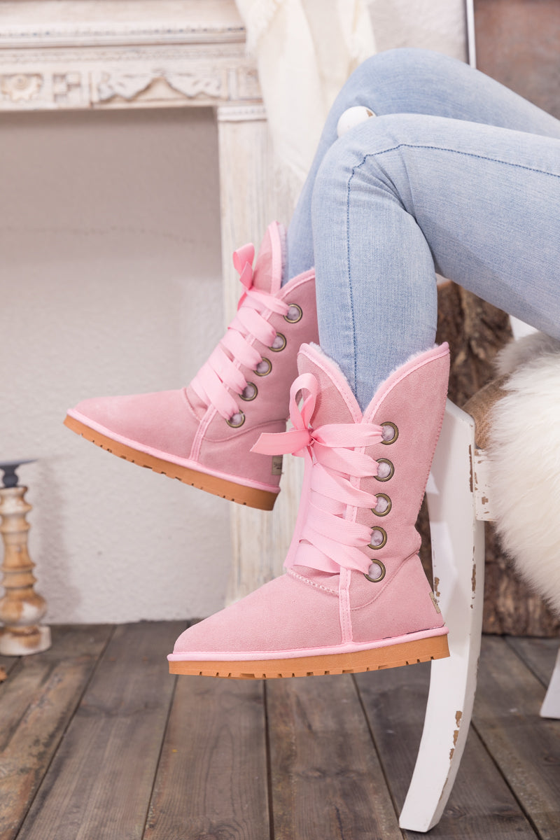 SMAIBULUN Ugg | Ribbon Lace-Up Faux Fur-lined Suede Boot - Pink