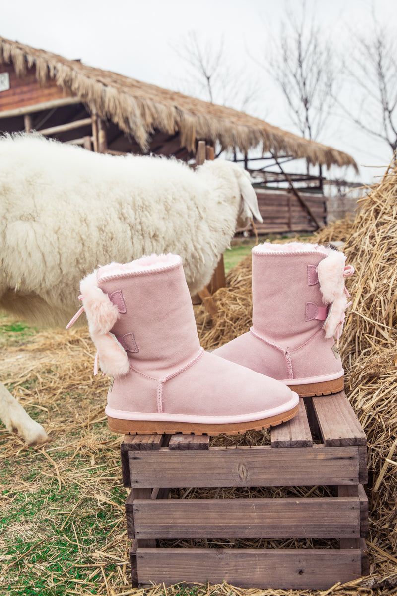 SMAIBULUN Ugg | Back Woollen Bow Suede Boots - Pink