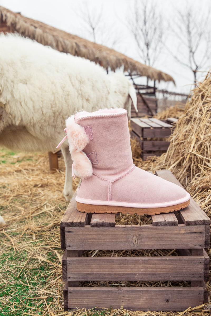 SMAIBULUN Ugg | Back Woollen Bow Suede Boots - Pink