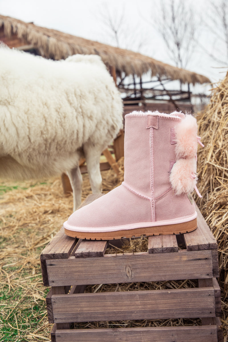 SMAIBULUN Ugg | Back Woollen Bow Suede Boots - Pink