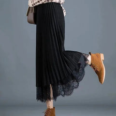 Pleated skirt women’s new high waist lace skirt half bottom skirt medium length slim fit wear on both sides