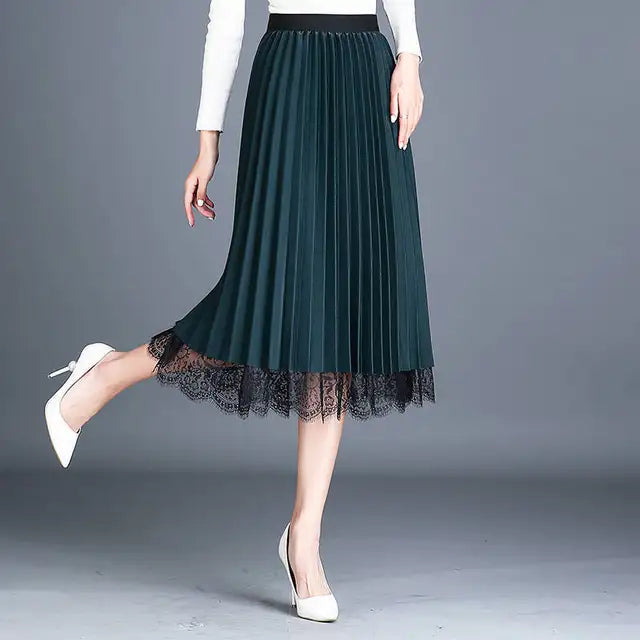 Pleated skirt women’s new high waist lace skirt half bottom skirt medium length slim fit wear on both sides