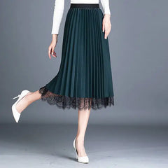 Pleated skirt women’s new high waist lace skirt half bottom skirt medium length slim fit wear on both sides